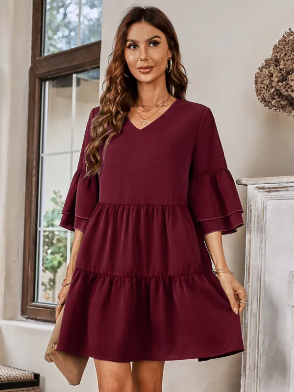 V-Neck Tiered Dress with Bell Sleeves