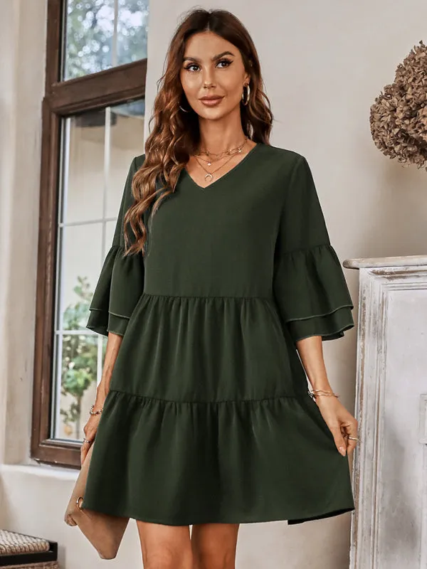 V-Neck Tiered Dress with Bell Sleeves