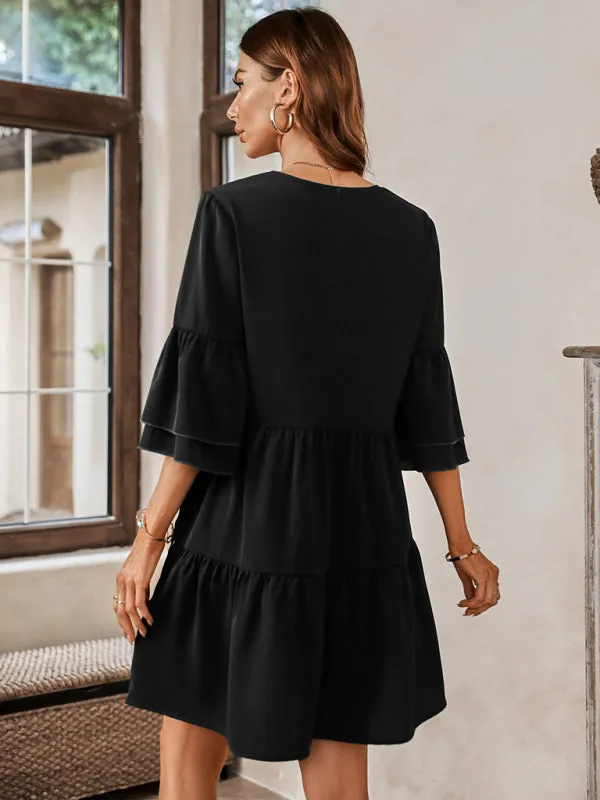 V-Neck Tiered Dress with Bell Sleeves