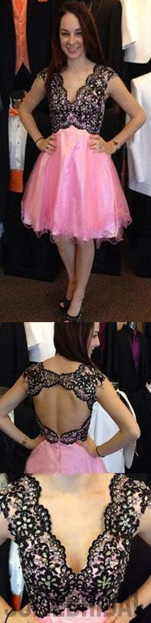 Vintage cap sleeve deep v-neck open back lace mismatched sexy unique homecoming prom gowns dress,BD0068