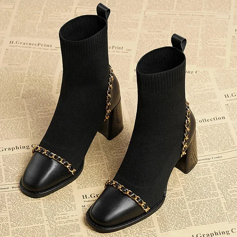 VougeVamp Women's Knitted Chain Sock Boots – Trendy Chunky Heel Winter Ankle Boots