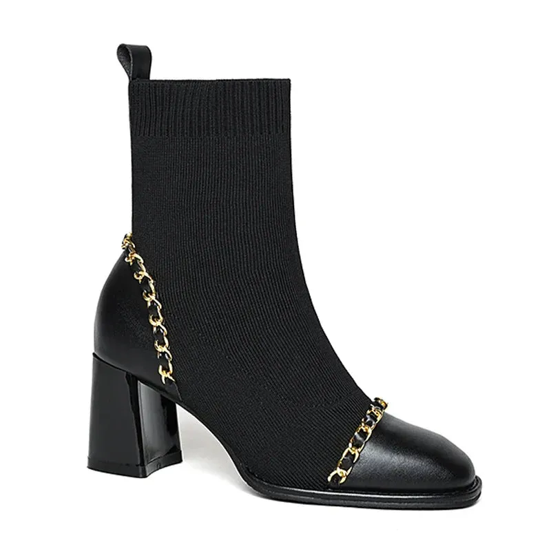 VougeVamp Women's Knitted Chain Sock Boots – Trendy Chunky Heel Winter Ankle Boots