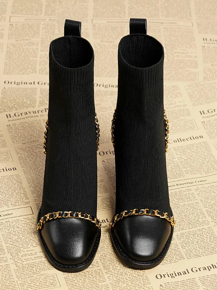 VougeVamp Women's Knitted Chain Sock Boots – Trendy Chunky Heel Winter Ankle Boots