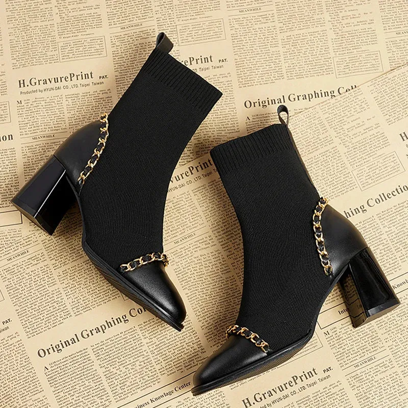 VougeVamp Women's Knitted Chain Sock Boots – Trendy Chunky Heel Winter Ankle Boots