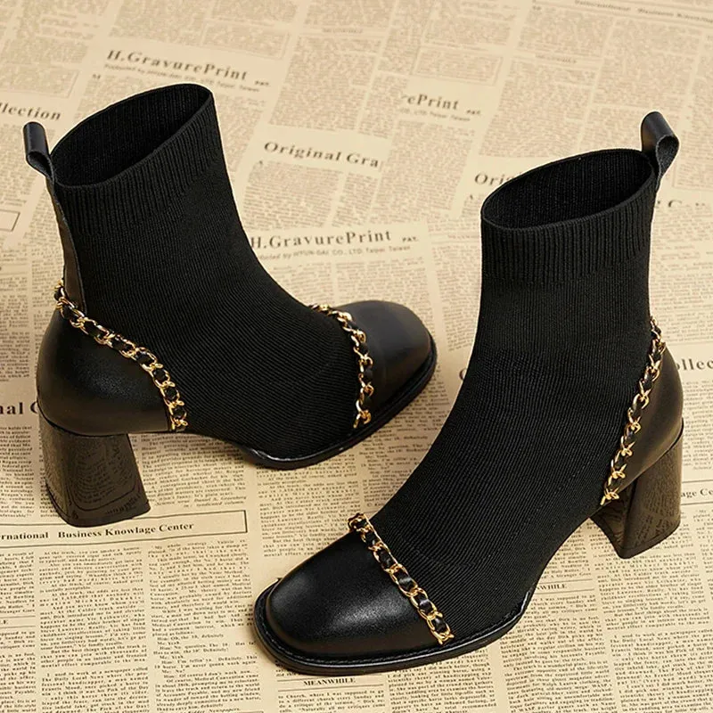 VougeVamp Women's Knitted Chain Sock Boots – Trendy Chunky Heel Winter Ankle Boots