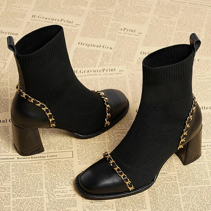 VougeVamp Women's Knitted Chain Sock Boots – Trendy Chunky Heel Winter Ankle Boots