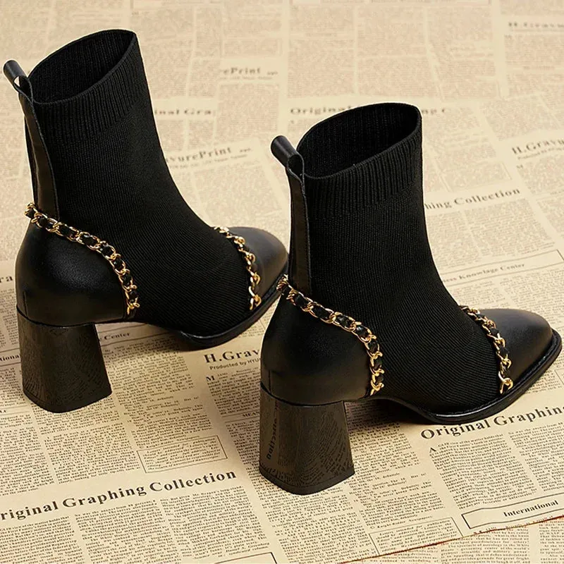 VougeVamp Women's Knitted Chain Sock Boots – Trendy Chunky Heel Winter Ankle Boots