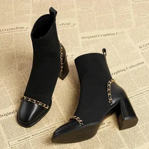VougeVamp Women's Knitted Chain Sock Boots – Trendy Chunky Heel Winter Ankle Boots