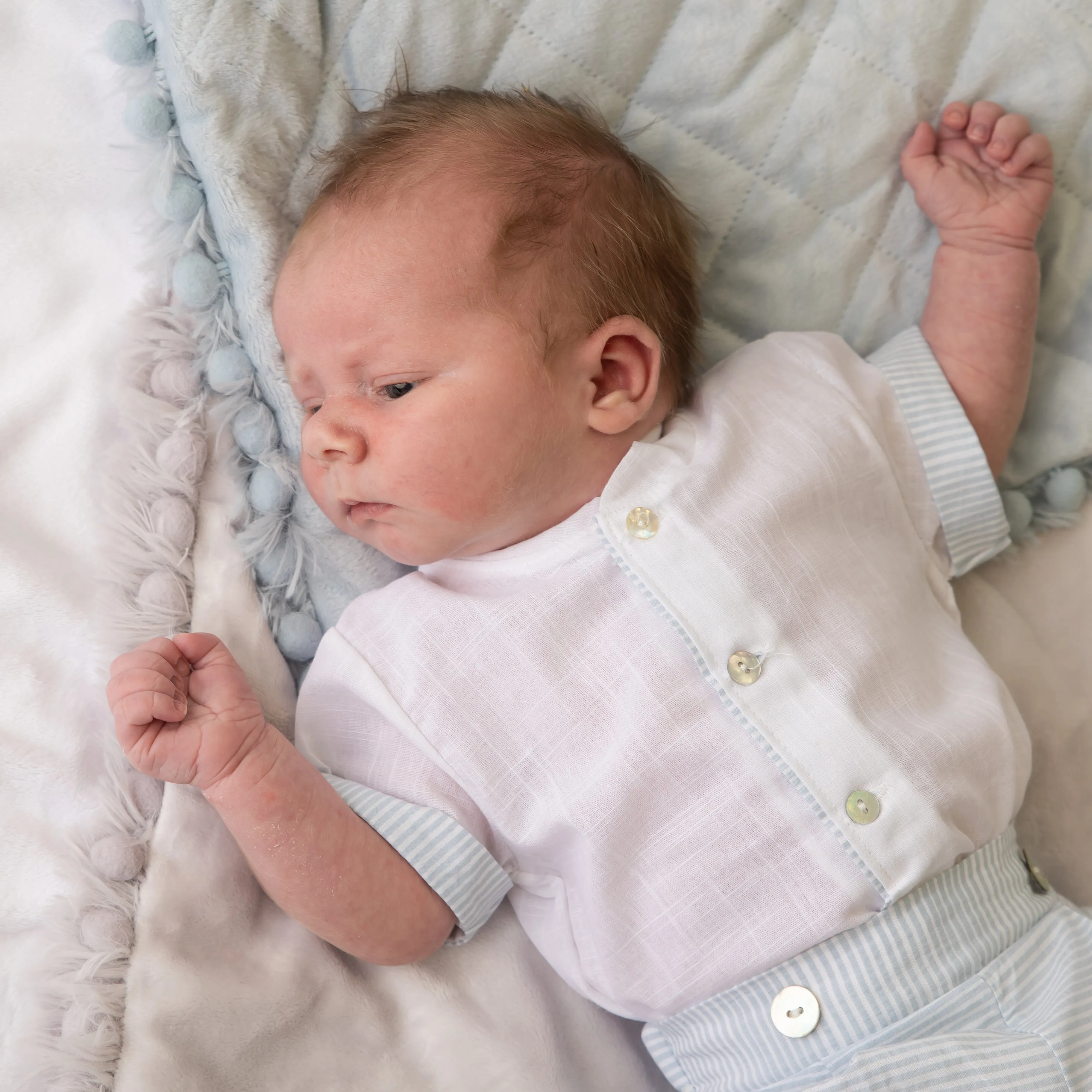White & Blue Stripe Shirt & Shorts Set