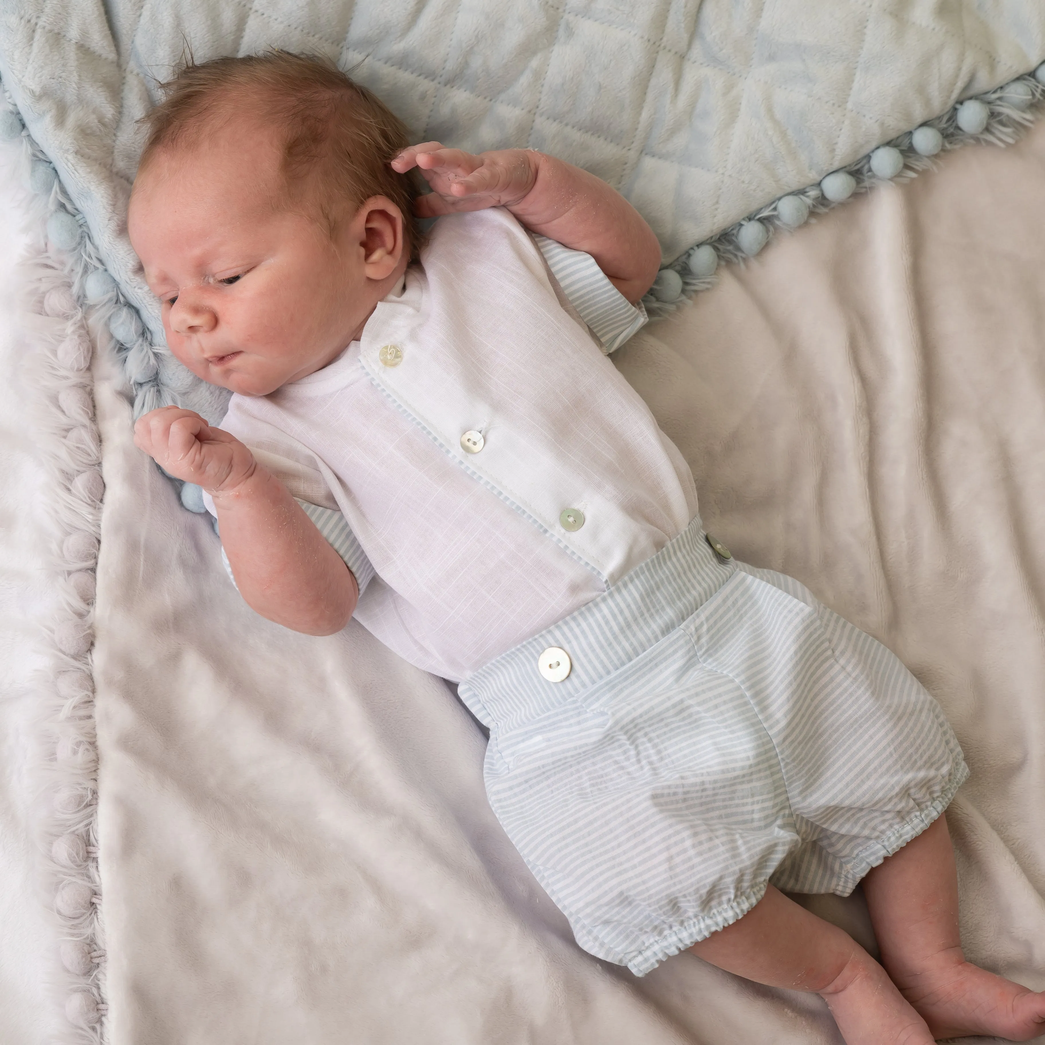 White & Blue Stripe Shirt & Shorts Set