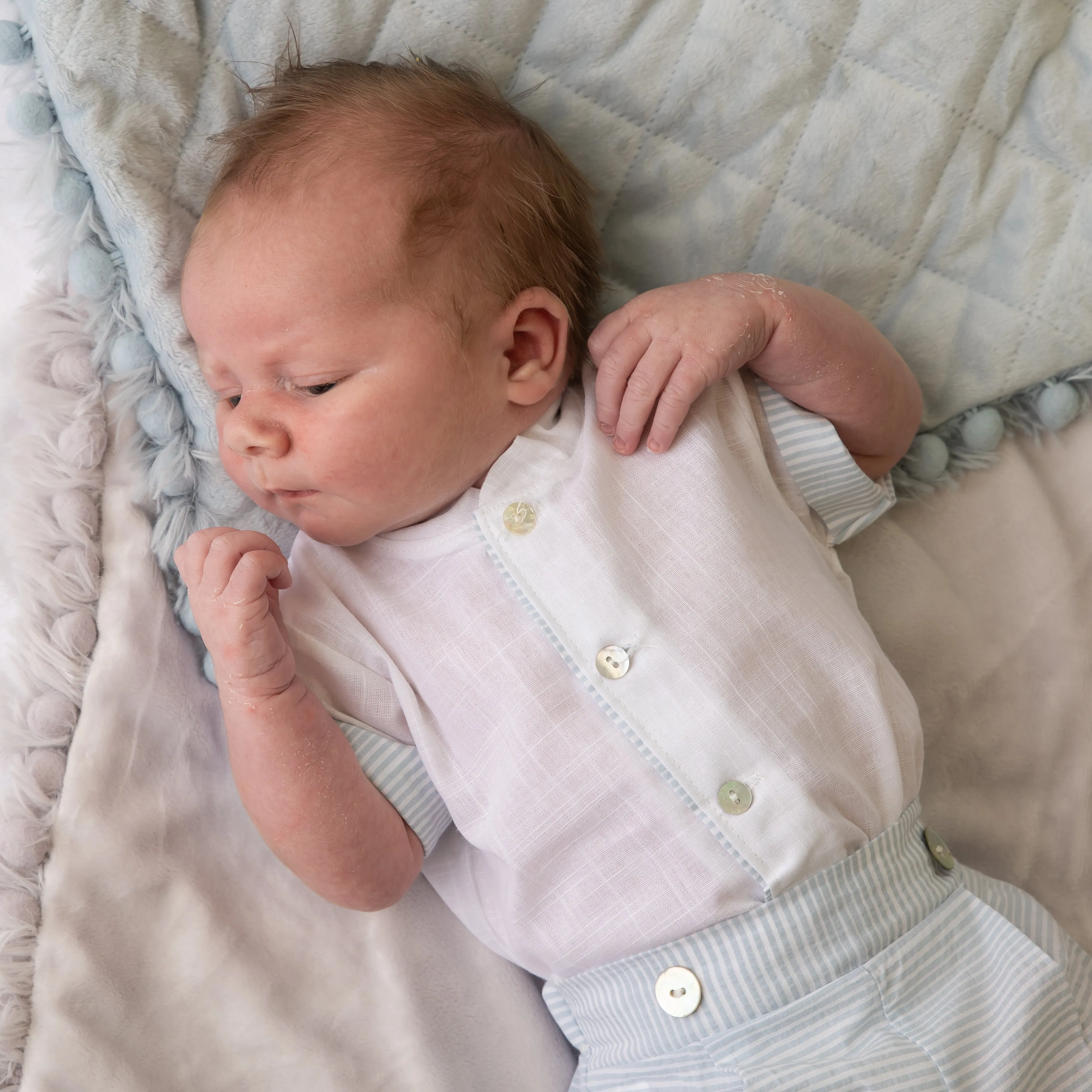 White & Blue Stripe Shirt & Shorts Set
