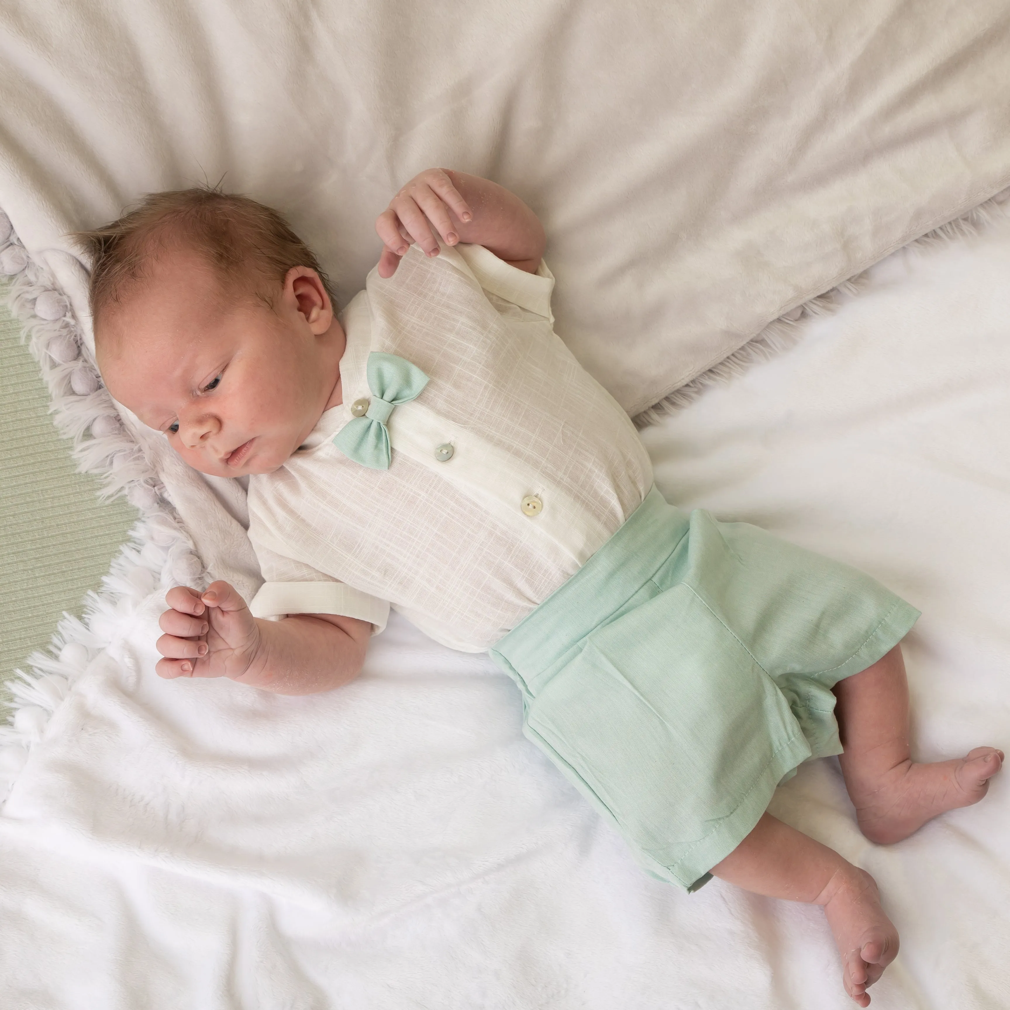 White Smart Shirt & Mint Shorts Set