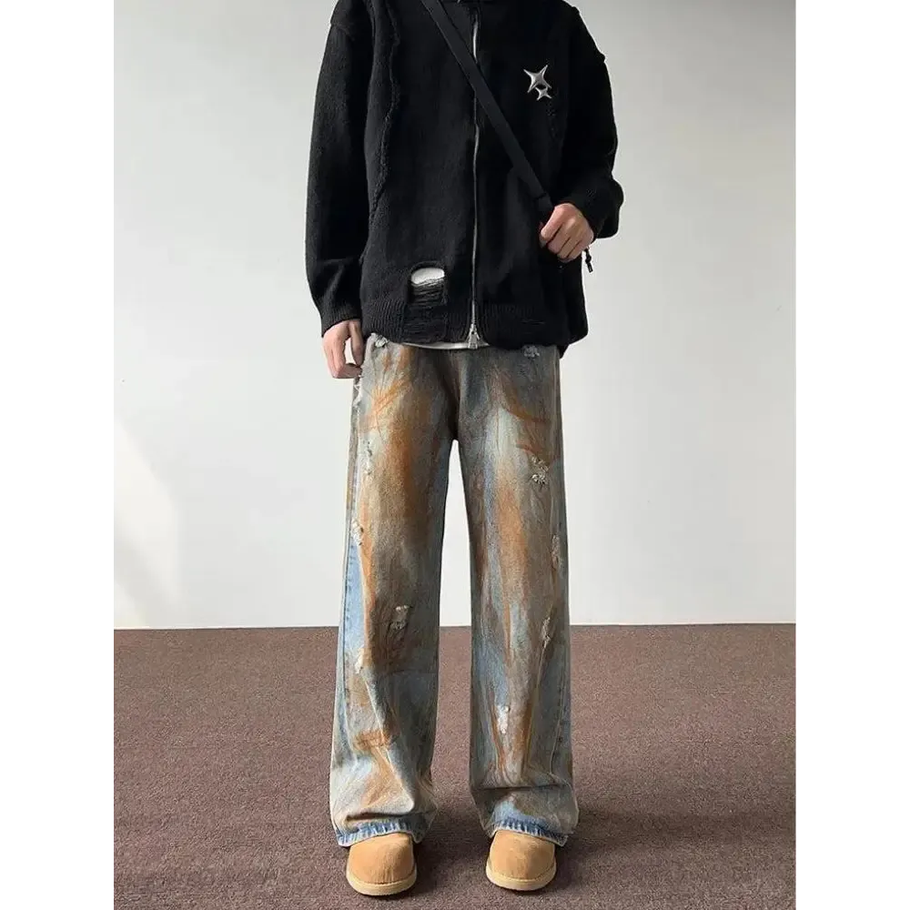Wide Leg Denim Jeans with Unique Rusty Pattern