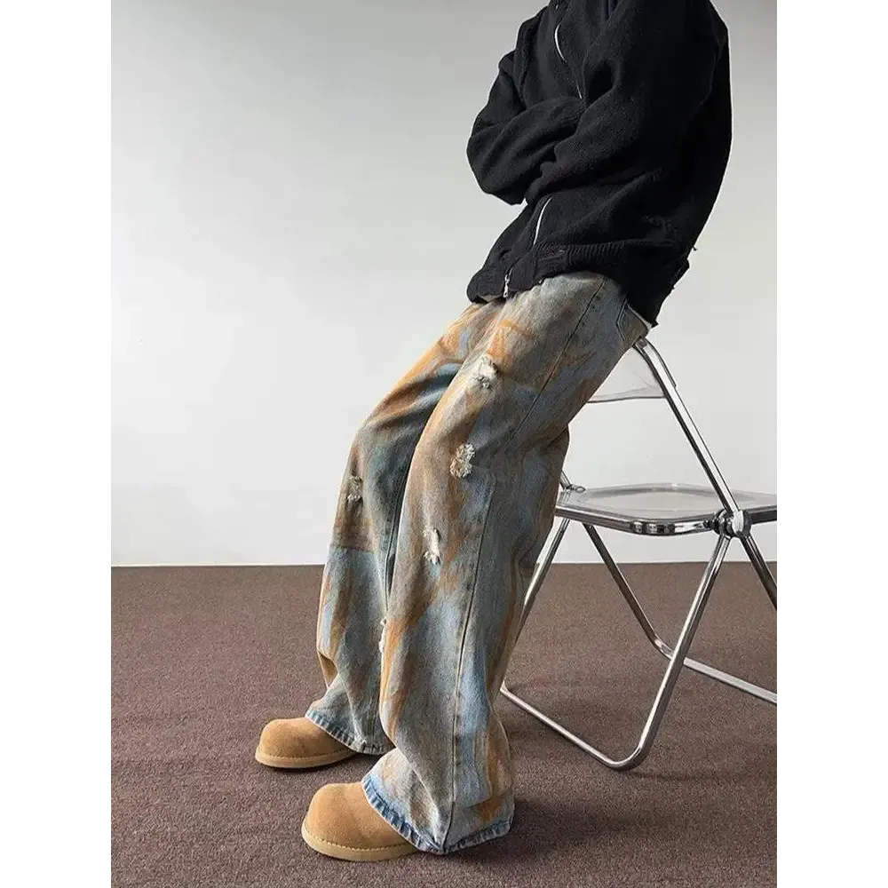 Wide Leg Denim Jeans with Unique Rusty Pattern