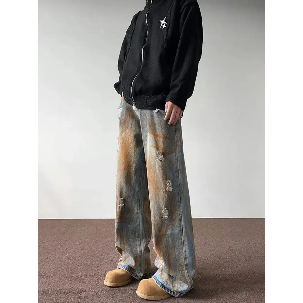 Wide Leg Denim Jeans with Unique Rusty Pattern