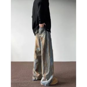 Wide Leg Denim Jeans with Unique Rusty Pattern