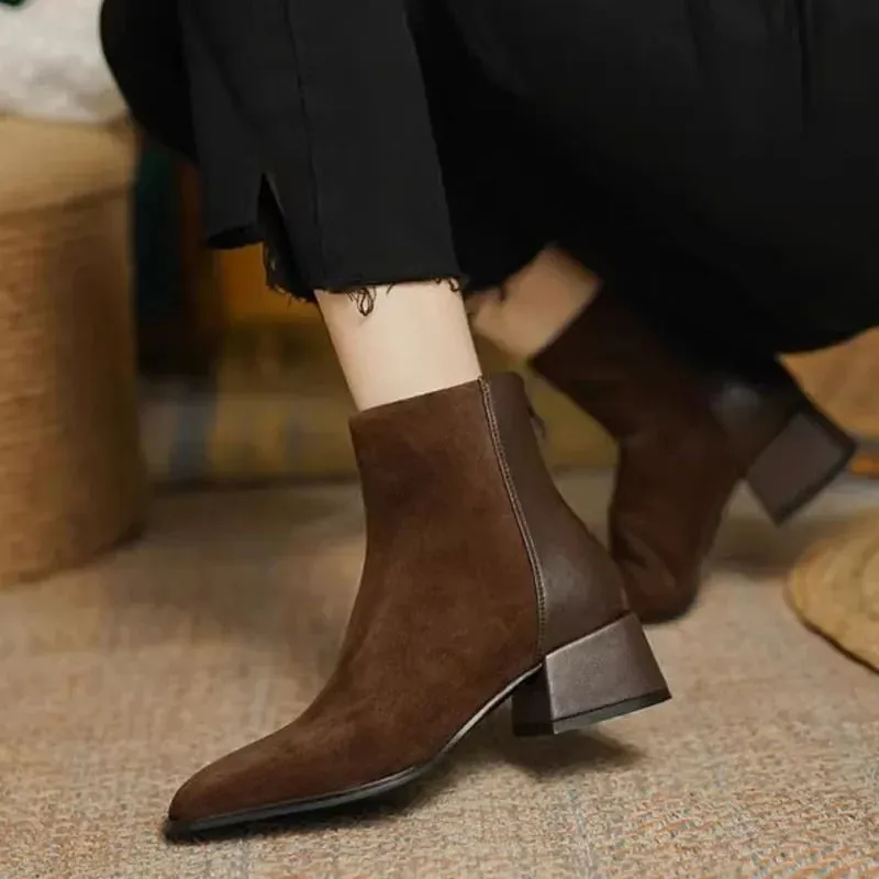 Women Boots Square Toe Chunky Heel Women Shoes Ankle Boots for Women Winter Platform Suede Shoes
