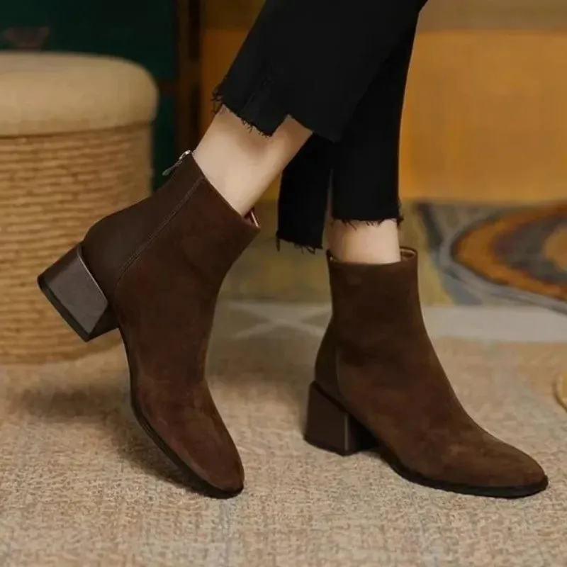 Women Boots Square Toe Chunky Heel Women Shoes Ankle Boots for Women Winter Platform Suede Shoes