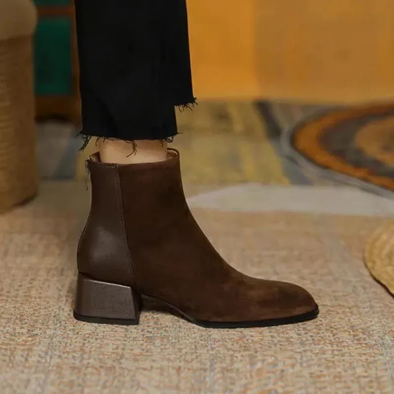 Women Boots Square Toe Chunky Heel Women Shoes Ankle Boots for Women Winter Platform Suede Shoes