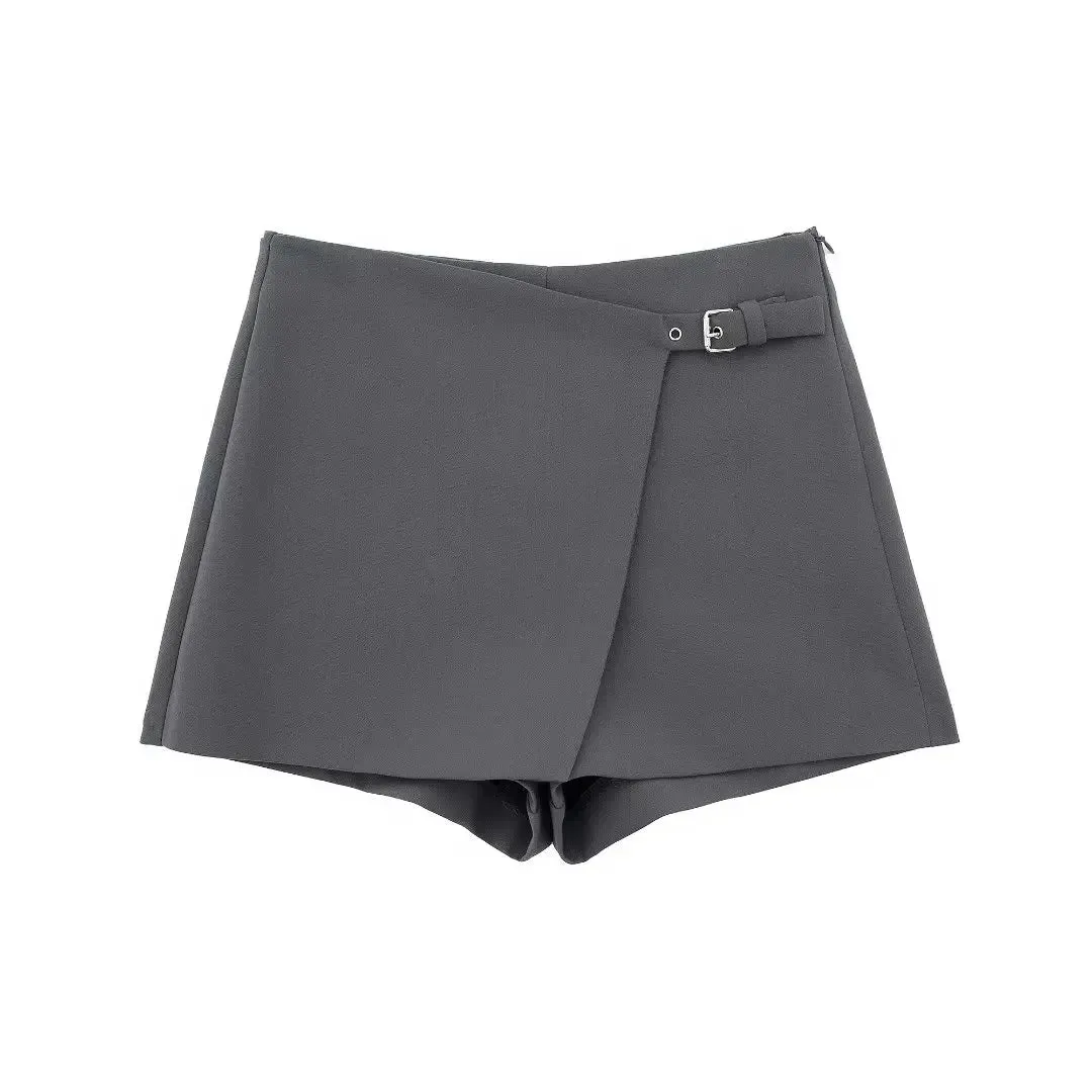 Women Fashion Belt Design Asymmetrical Mini Skirt Shorts Lady Side Zipper Hot Shorts Chic Pantalone