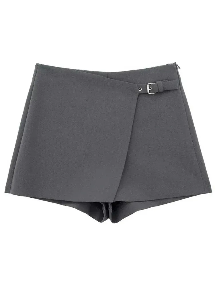 Women Fashion Belt Design Asymmetrical Mini Skirt Shorts Lady Side Zipper Hot Shorts Chic Pantalone