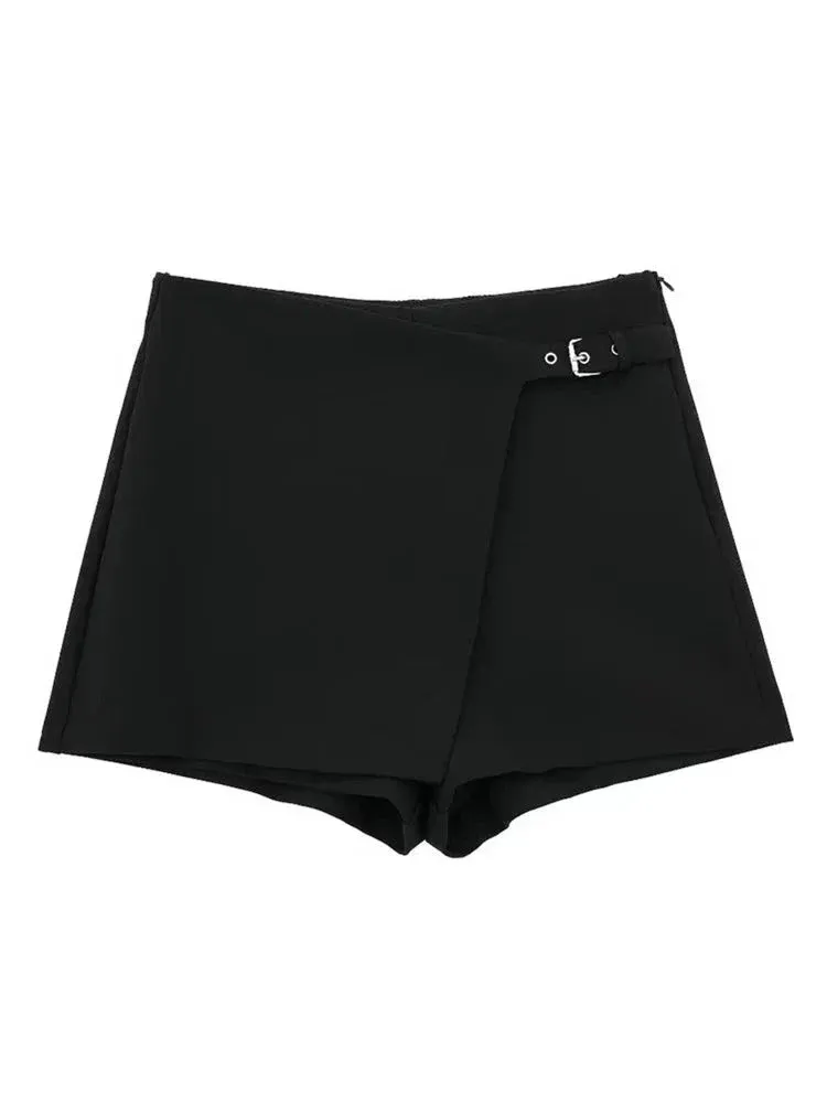 Women Fashion Belt Design Asymmetrical Mini Skirt Shorts Lady Side Zipper Hot Shorts Chic Pantalone