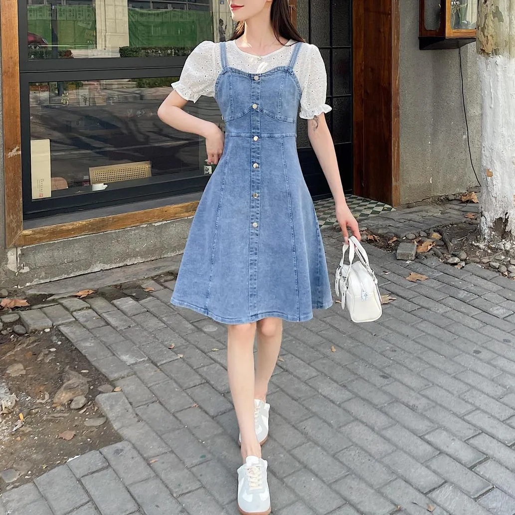 Women's A-line Denim Strappy Dress Featuring Color-blocked Design