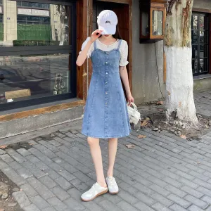 Women's A-line Denim Strappy Dress Featuring Color-blocked Design