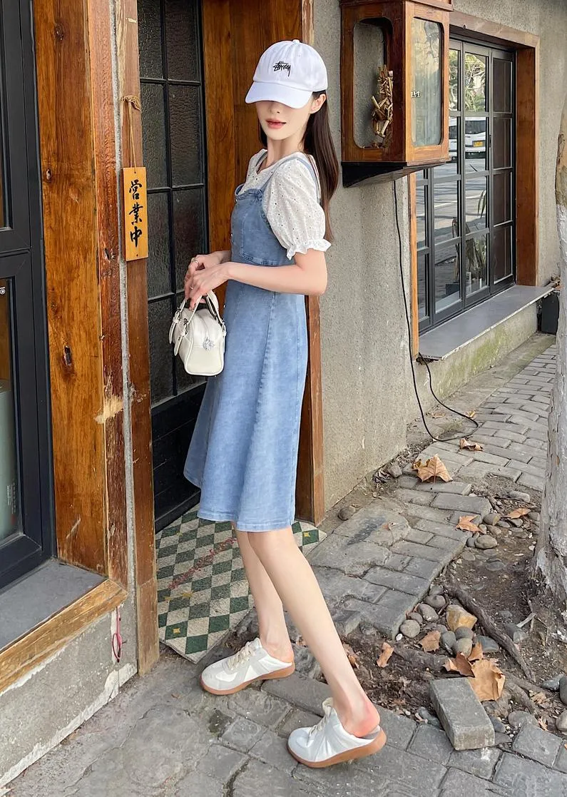 Women's A-line Denim Strappy Dress Featuring Color-blocked Design