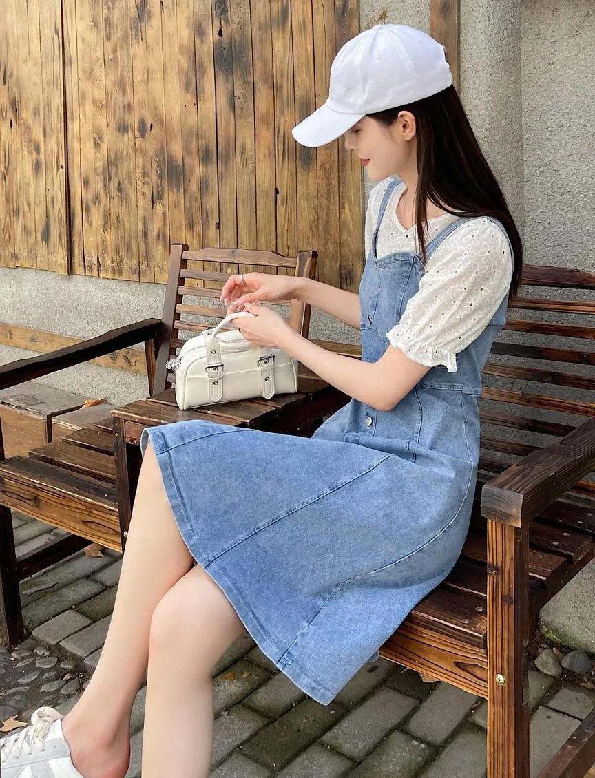 Women's A-line Denim Strappy Dress Featuring Color-blocked Design
