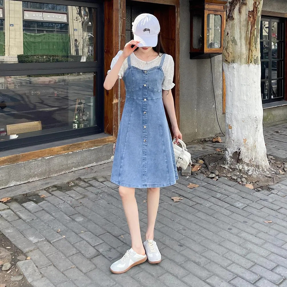 Women's A-line Denim Strappy Dress Featuring Color-blocked Design