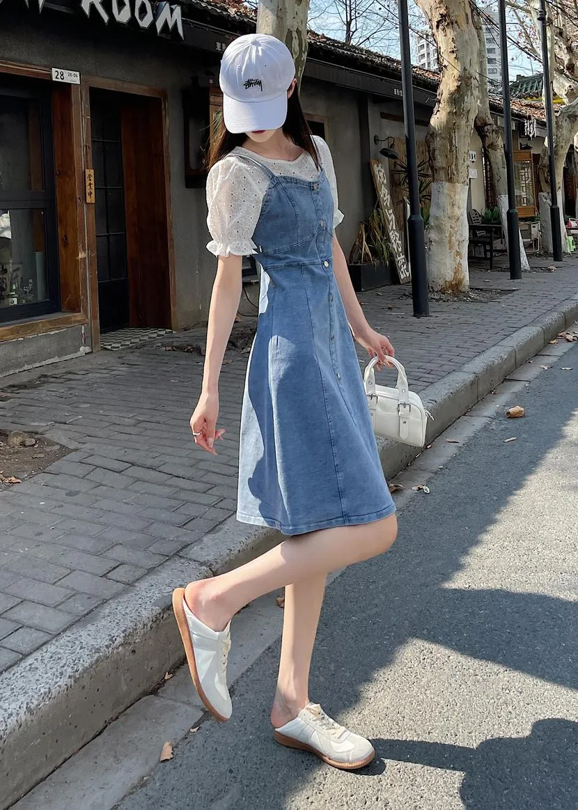 Women's A-line Denim Strappy Dress Featuring Color-blocked Design