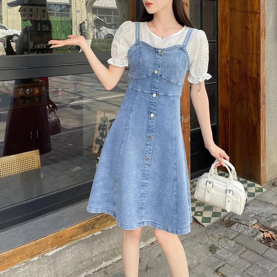 Women's A-line Denim Strappy Dress Featuring Color-blocked Design