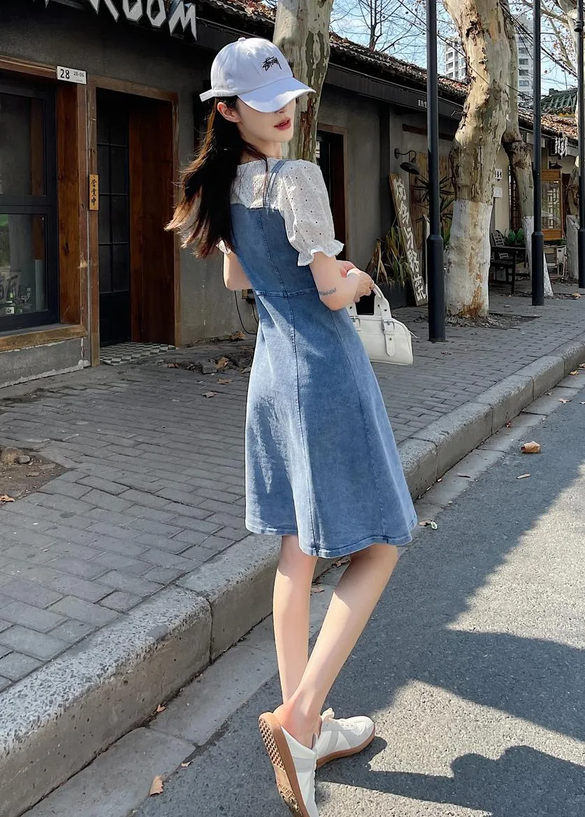 Women's A-line Denim Strappy Dress Featuring Color-blocked Design