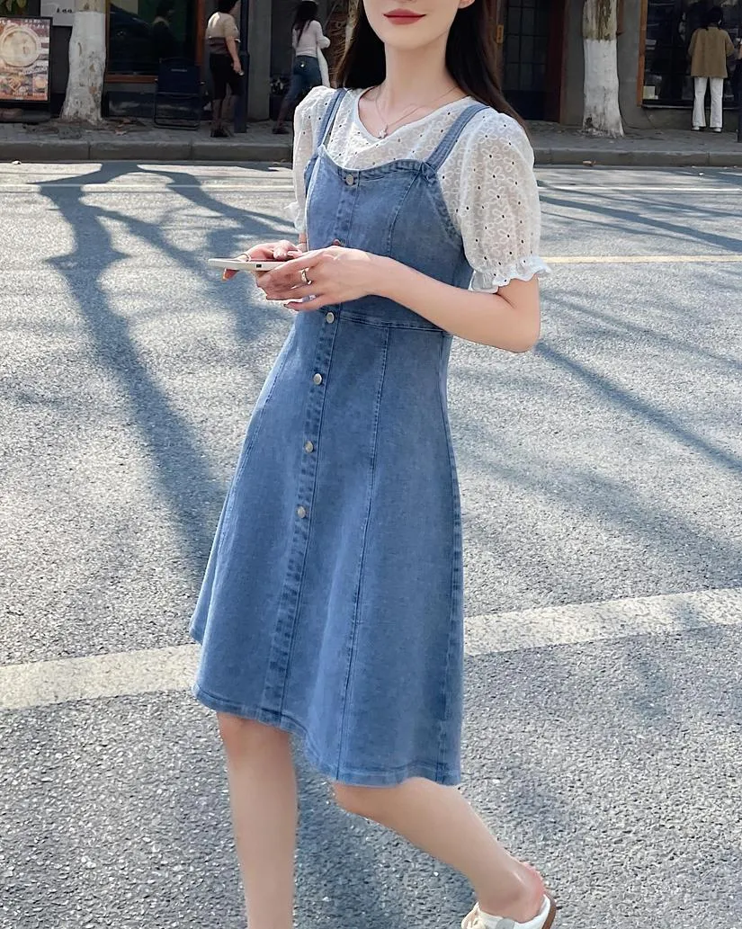 Women's A-line Denim Strappy Dress Featuring Color-blocked Design
