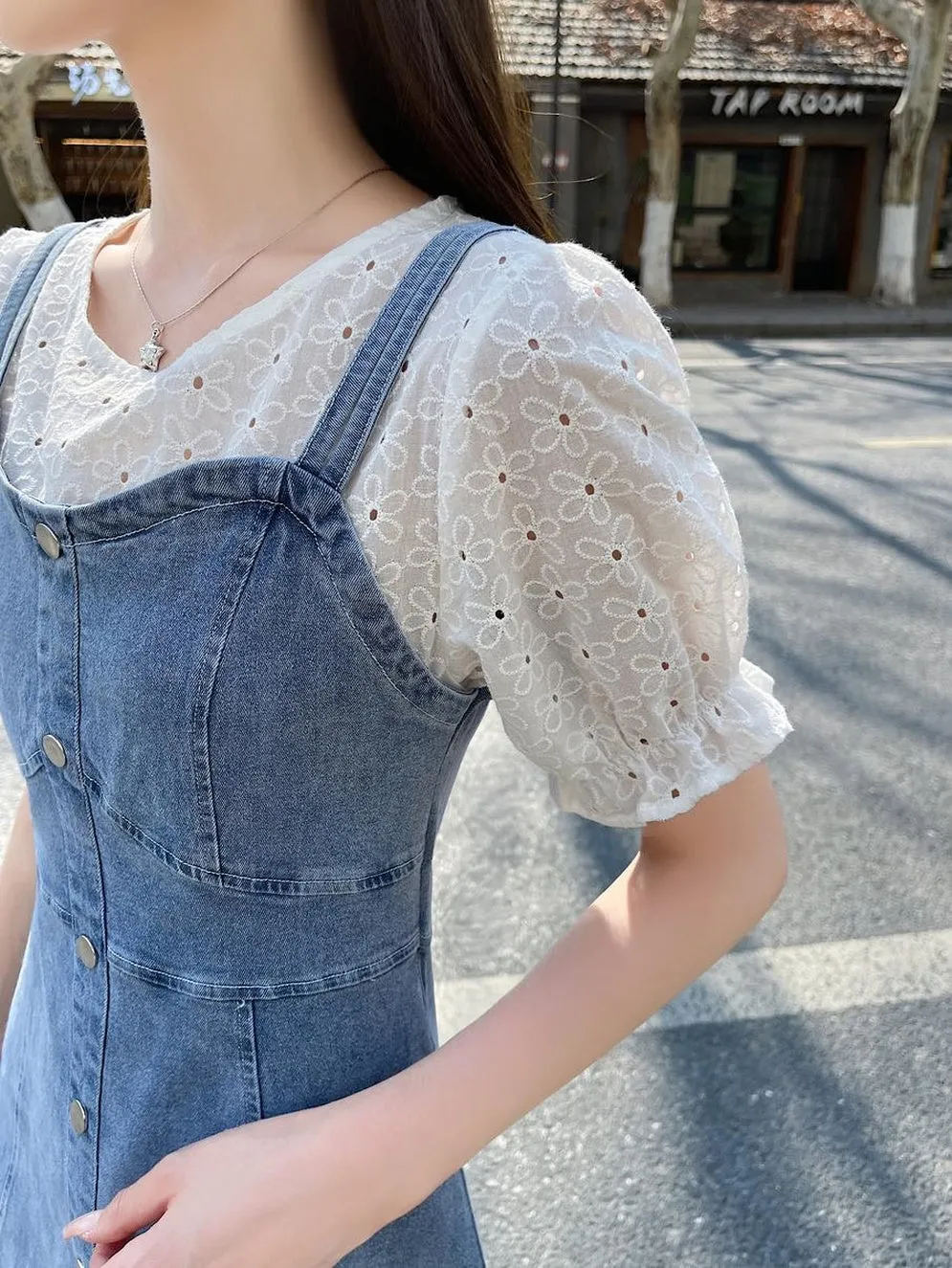 Women's A-line Denim Strappy Dress Featuring Color-blocked Design