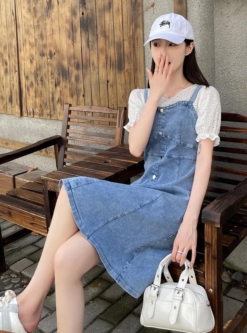 Women's A-line Denim Strappy Dress Featuring Color-blocked Design