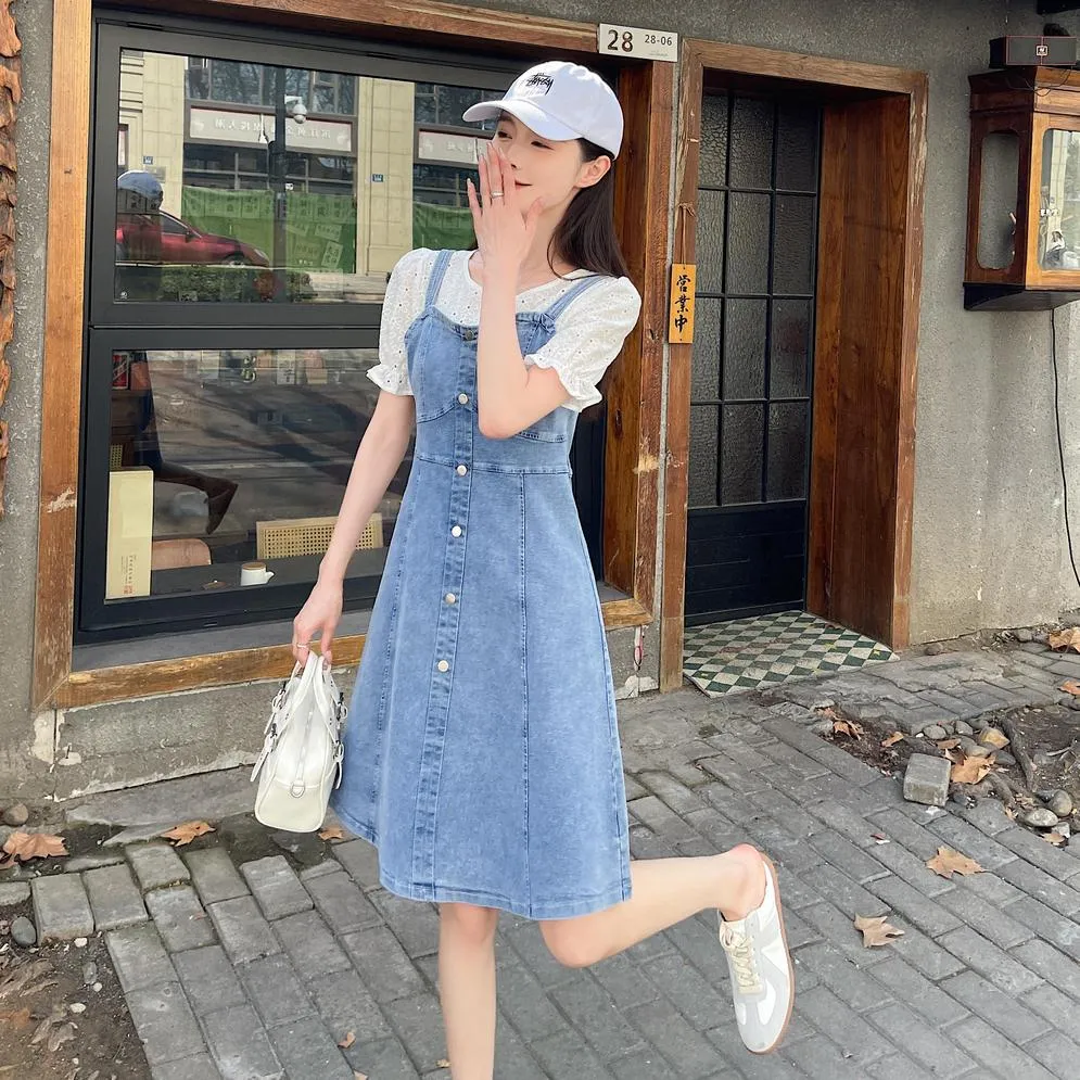 Women's A-line Denim Strappy Dress Featuring Color-blocked Design