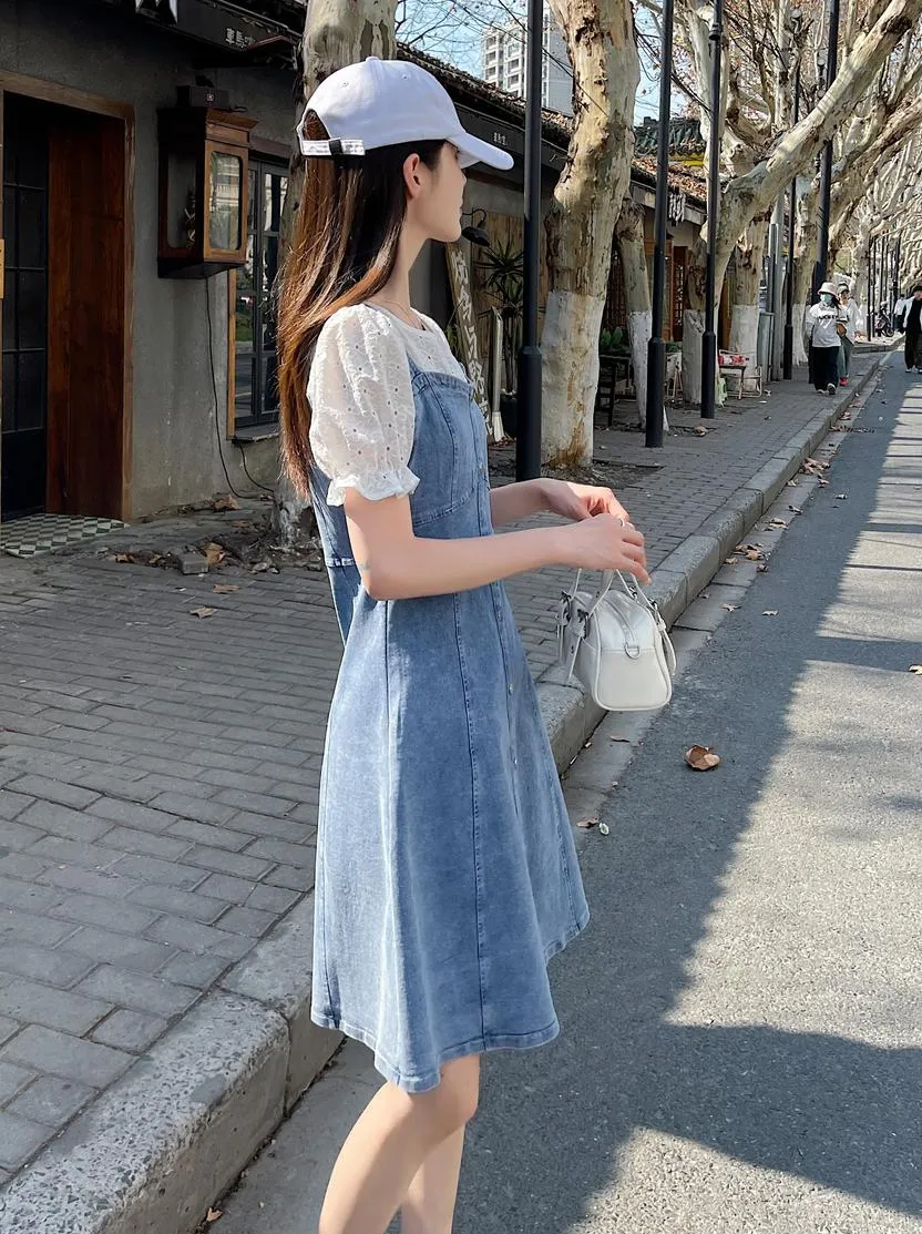 Women's A-line Denim Strappy Dress Featuring Color-blocked Design