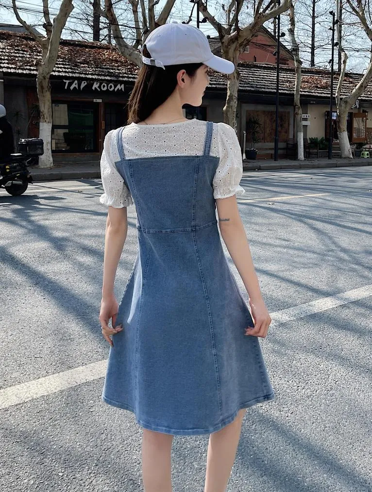 Women's A-line Denim Strappy Dress Featuring Color-blocked Design
