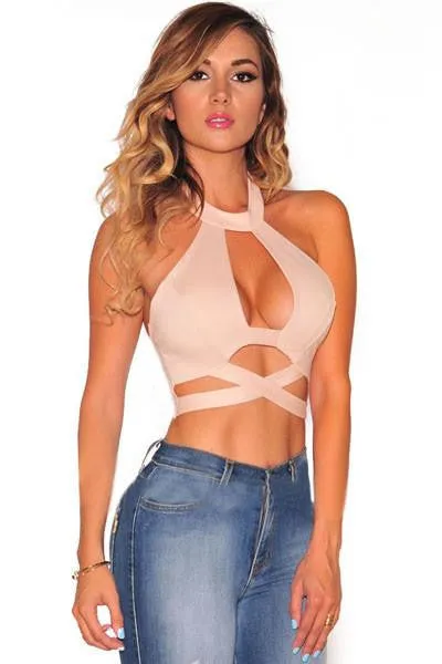 Women's Apricot Blue Black Crisscross Cut Out Halter Crop Top