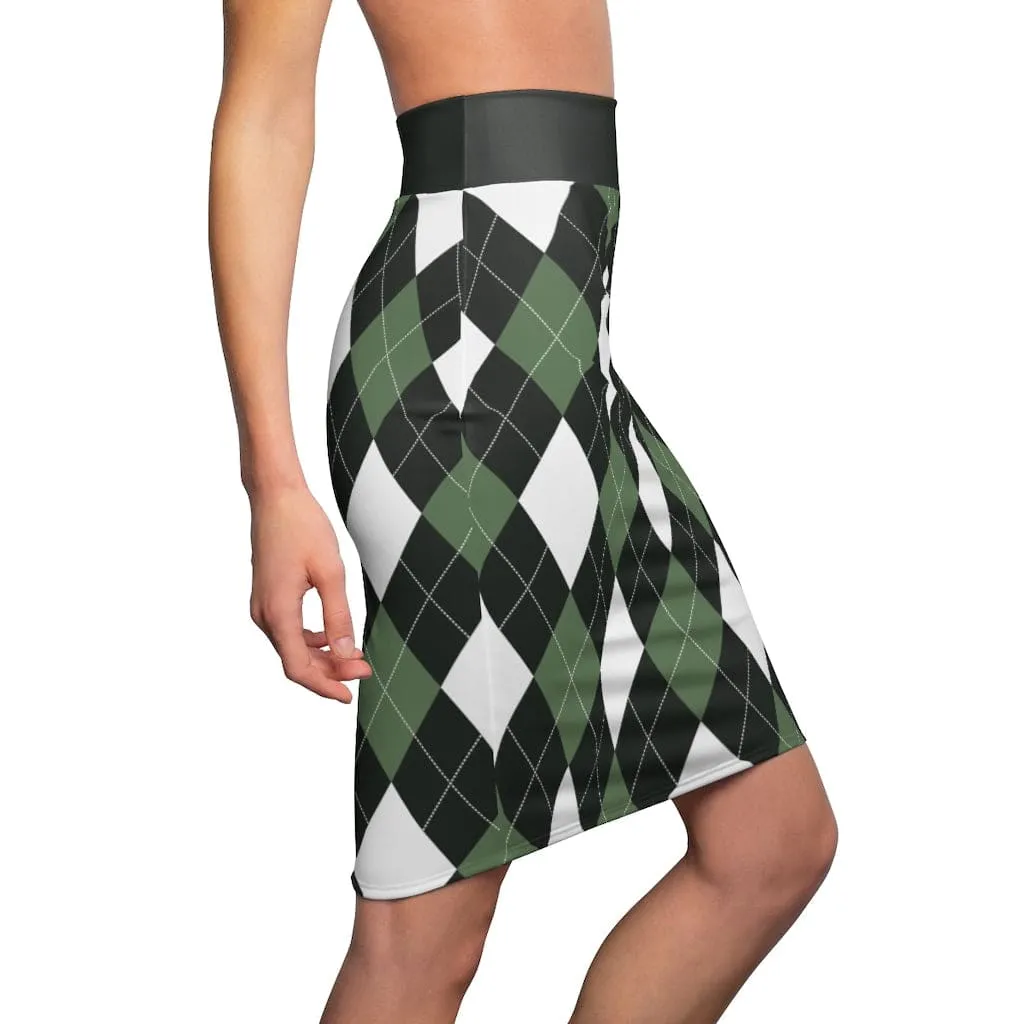 Womens Pencil Skirt - Green and White Argyle Stretch Mini