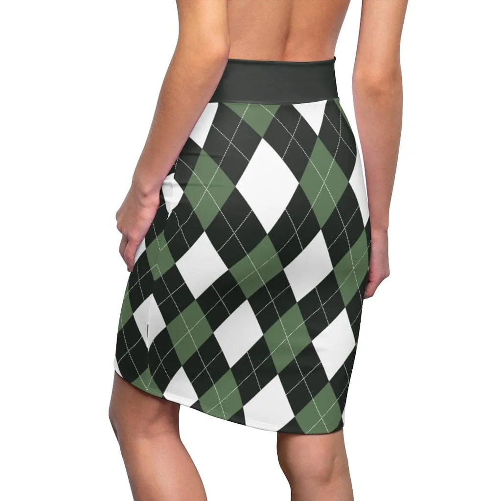 Womens Pencil Skirt - Green and White Argyle Stretch Mini