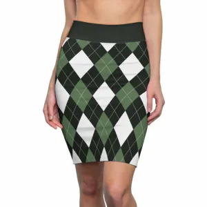 Womens Pencil Skirt - Green and White Argyle Stretch Mini