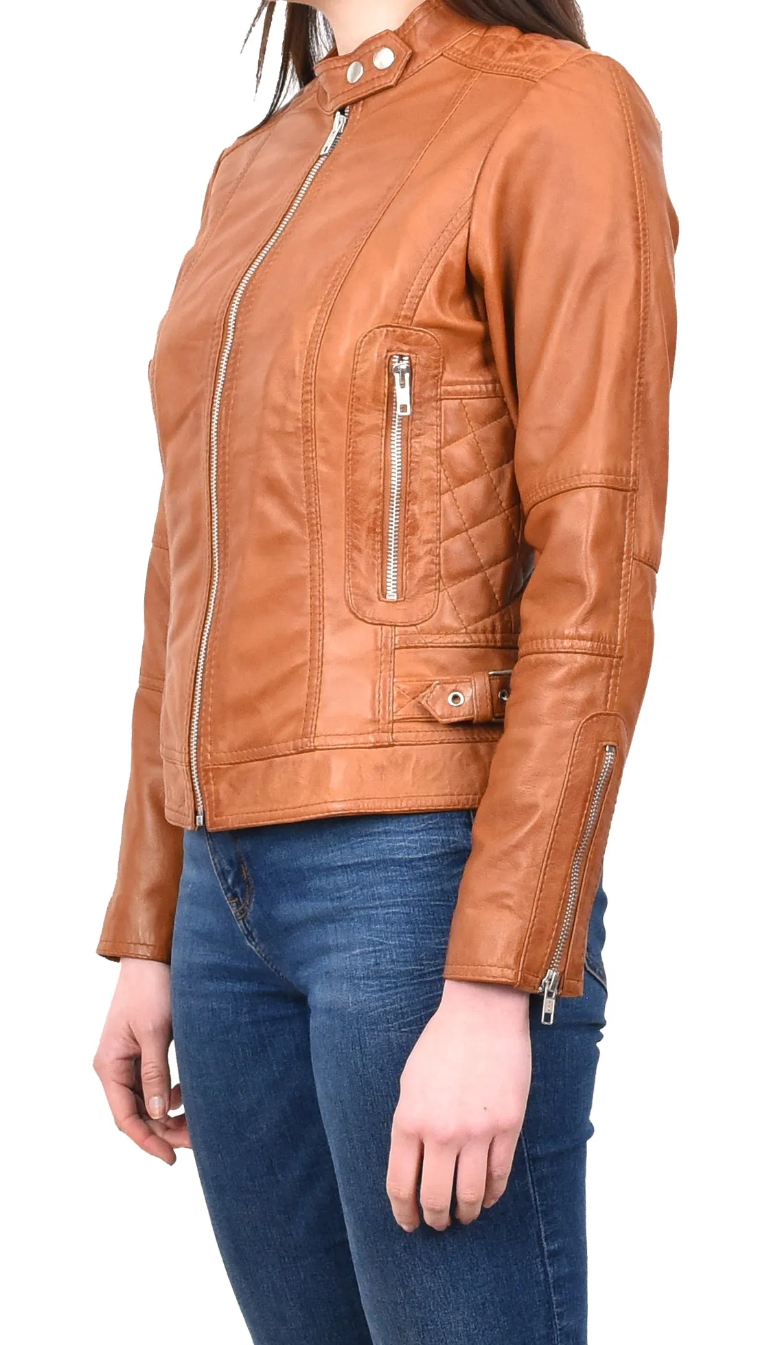 Women's Real Leather Fitted Motorbike Biker Jacket Tan Ridebrave