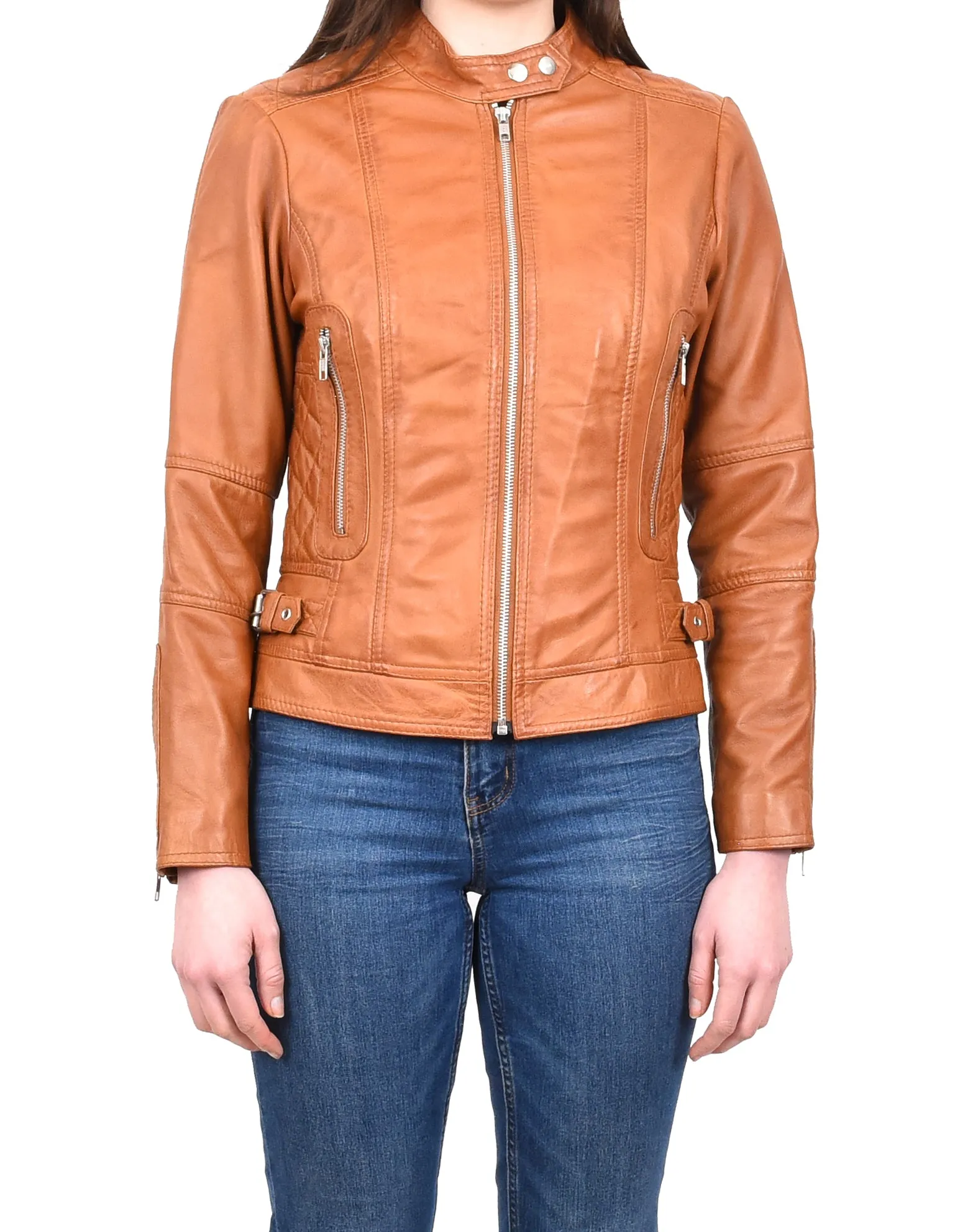 Women's Real Leather Fitted Motorbike Biker Jacket Tan Ridebrave