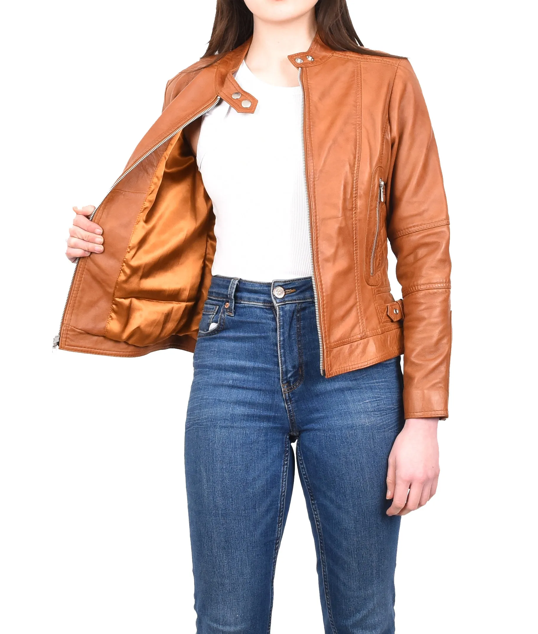Women's Real Leather Fitted Motorbike Biker Jacket Tan Ridebrave