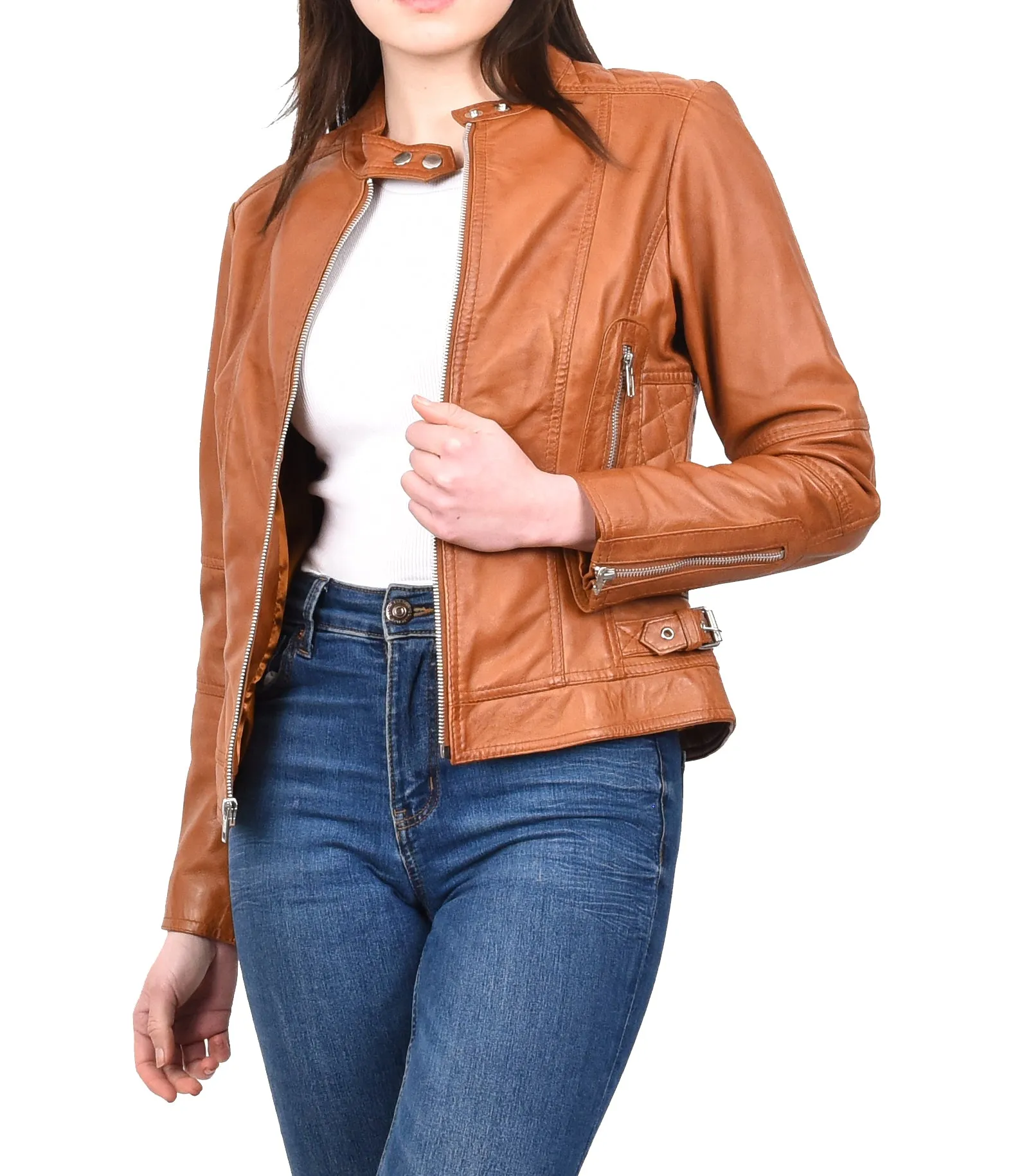 Women's Real Leather Fitted Motorbike Biker Jacket Tan Ridebrave