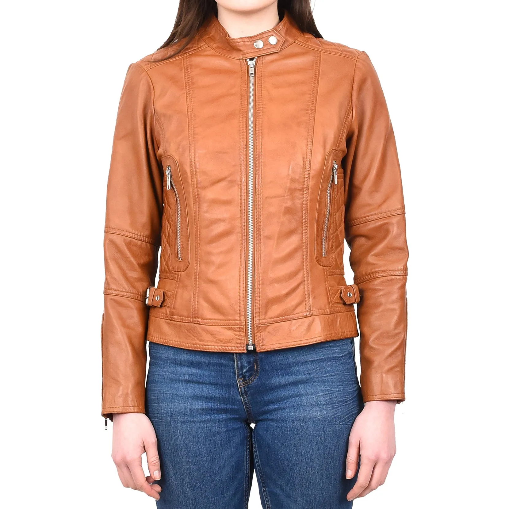 Women's Real Leather Fitted Motorbike Biker Jacket Tan Ridebrave