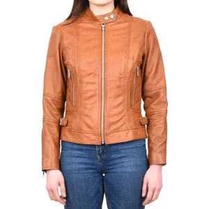 Women's Real Leather Fitted Motorbike Biker Jacket Tan Ridebrave